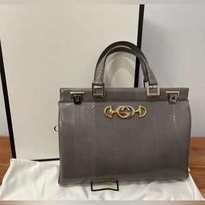17. GREY GUCCI ZUMI SNAKESKIN TOP HANDLE BAG